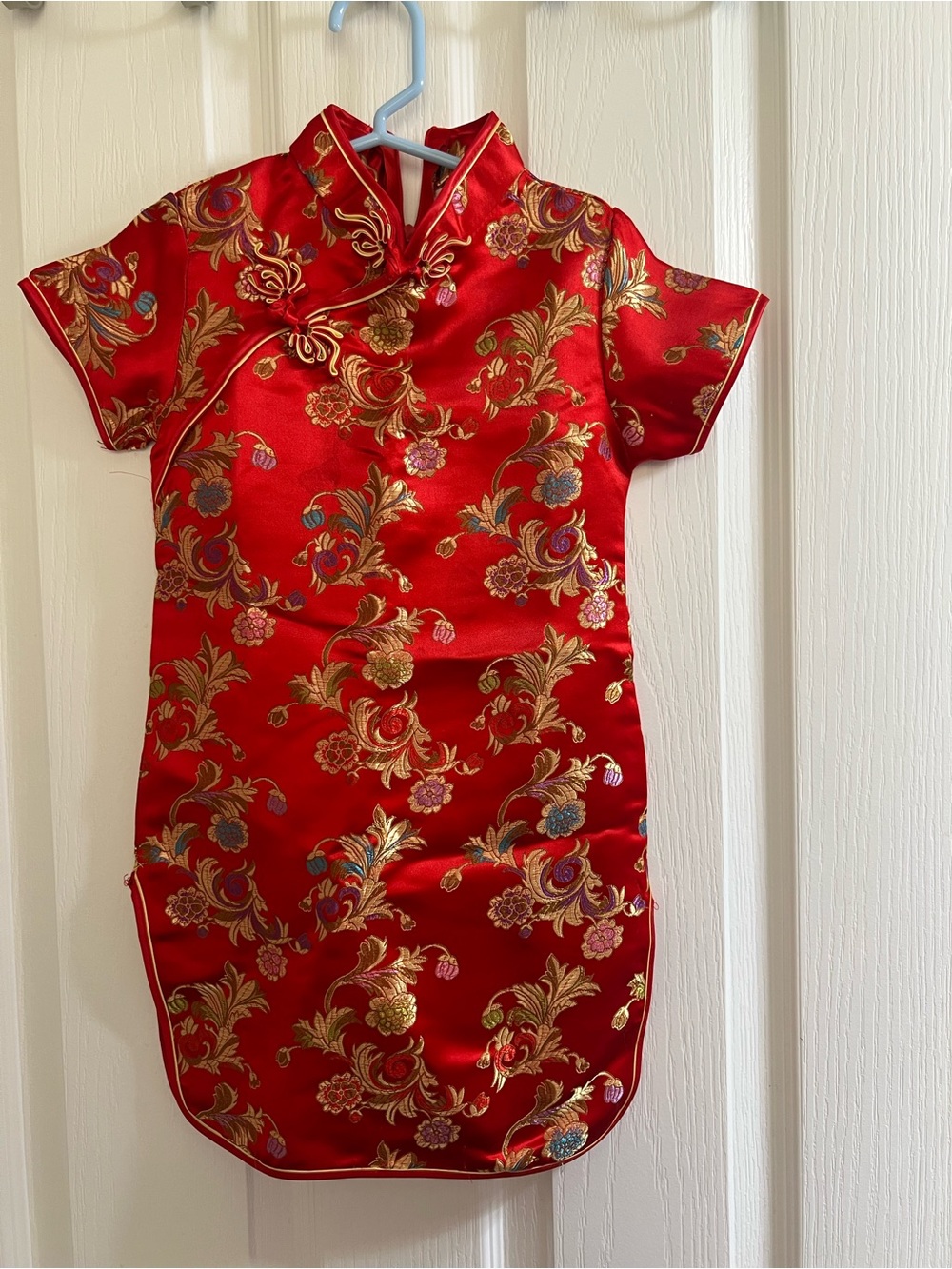 Girls' Red Floral Brocade Cheongsam One-Piece Dress
